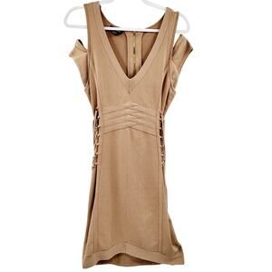 Bebe Beige Bandage Tie-Up Bodycon Party Cocktail Mini Dress Women's Size XL